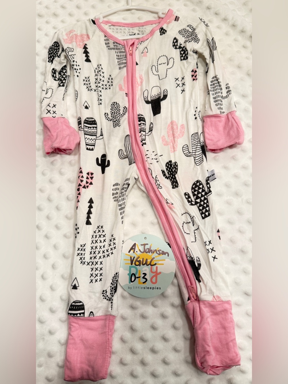 Little Sleepies White One-Piece with Pink Trim & Black Cactus Print